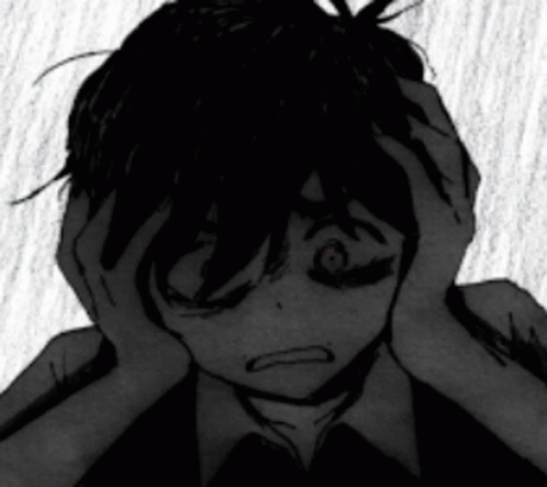 A Black And White Drawing Of A Person Holding Their Head With Their Hands . GIF