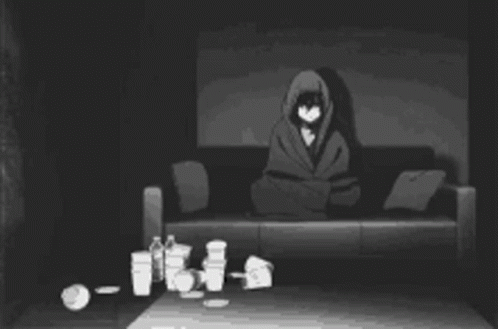 A Black And White Drawing Of A Person Laying On A Couch In A Dark Room . GIF
