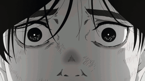 a black and white drawing of a person 's face with their eyes wide open