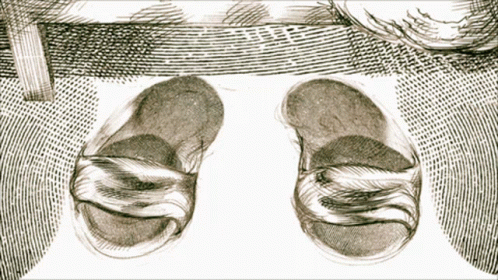 A Black And White Drawing Of A Person 'S Feet With Slippers On GIF