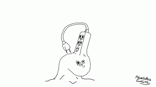 A Black And White Drawing Of A Person 'S Head With A Plug Coming Out Of It GIF