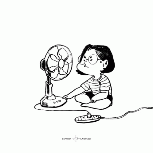 A Black And White Drawing Of A Person Sitting In Front Of A Fan With The Words Summer Chopeng Below Them GIF