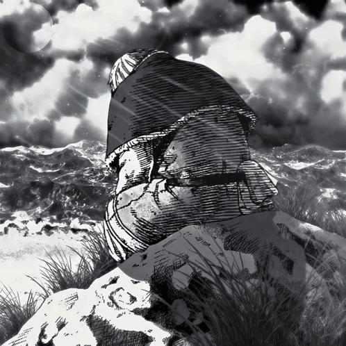 A Black And White Drawing Of A Person Sitting On A Rock Looking At The Ocean GIF