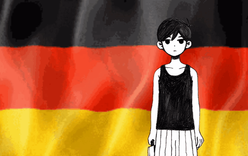 A Black And White Drawing Of A Person Standing In Front Of A German Flag GIF