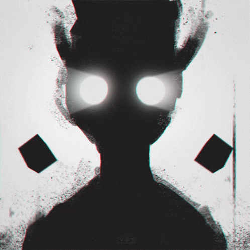 A Black And White Drawing Of A Person With Horns And A Few Squares In The Background GIF