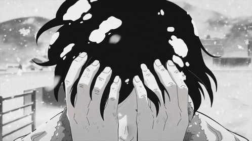 A Black And White Drawing Of A Person With Snow On Their Head GIF