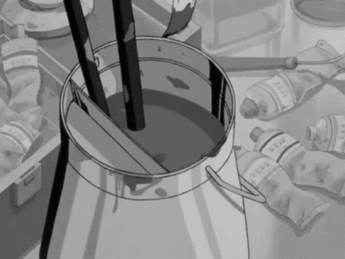 A Black And White Drawing Of A Pot Filled With Paint And Brushes Surrounded By Bottles Of Paint GIF