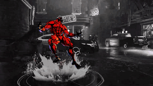 a black and white drawing of a red superhero with a sign that says ' ufc ' on it