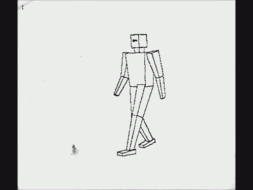 A Black And White Drawing Of A Robot With A Box On His Head GIF