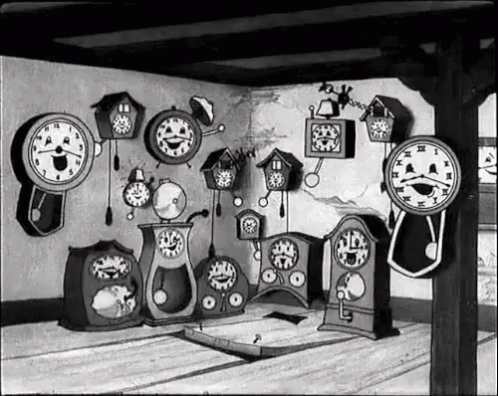 A Black And White Drawing Of A Room With Many Clocks GIF