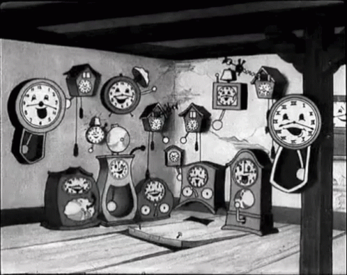 A Black And White Drawing Of A Room With Many Clocks On The Wall GIF