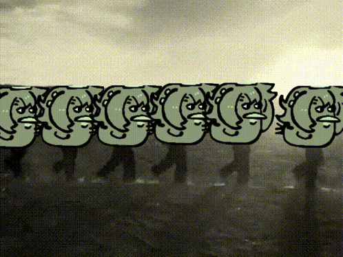 A Black And White Drawing Of A Row Of People With Angry Faces On Them GIF