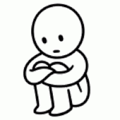 A Black And White Drawing Of A Sad Cartoon Character Sitting Down With His Arms Around His Knees . GIF
