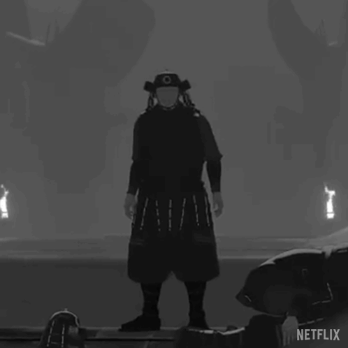 a black and white drawing of a samurai wearing a mask and armor .
