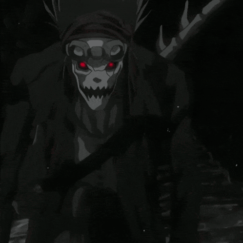 a black and white drawing of a skeleton with red eyes