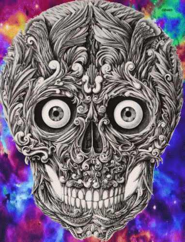 A Black And White Drawing Of A Skull With A Rainbow Background GIF
