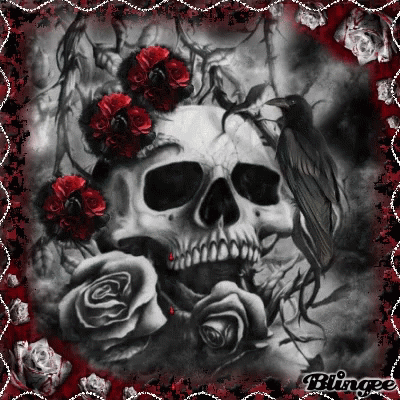 A Black And White Drawing Of A Skull With Red Roses And A Bird GIF