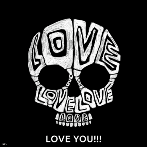 A Black And White Drawing Of A Skull With The Words Love Love Love Written Inside Of It GIF