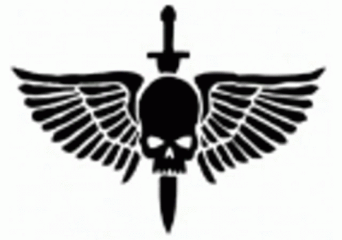 A Black And White Drawing Of A Skull With Wings And A Dagger . GIF