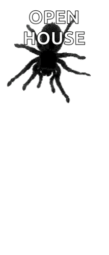 A Black And White Drawing Of A Spider With The Words Open House Above It . GIF