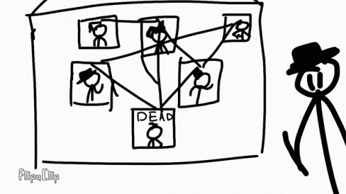 A Black And White Drawing Of A Stick Figure Holding A Gun In Front Of A Board That Says Dead On It . GIF