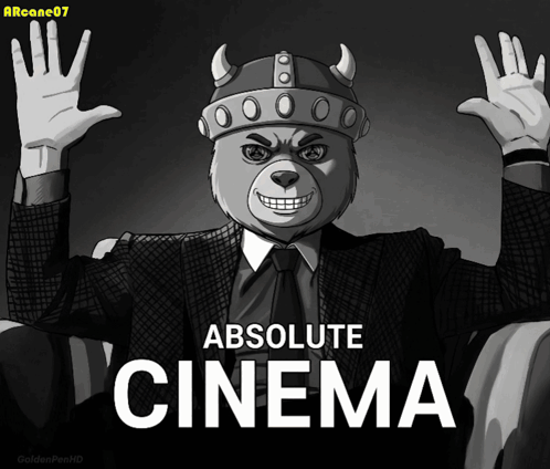 A Black And White Drawing Of A Teddy Bear In A Suit And Tie With The Words " Absolute Cinema " Above Him GIF