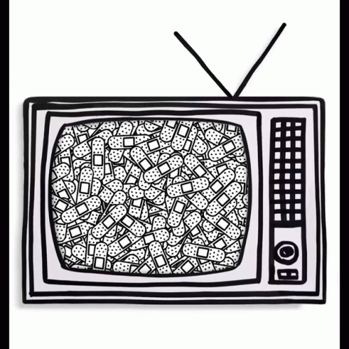 A Black And White Drawing Of A Television With Bandages On It GIF