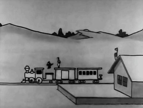 A Black And White Drawing Of A Train Going To A House GIF