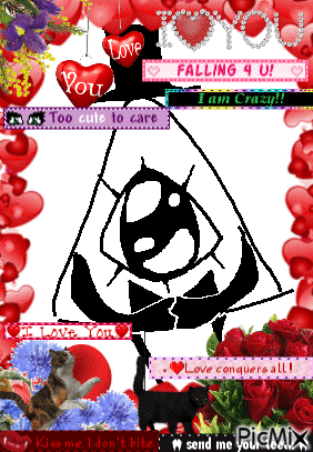 A Black And White Drawing Of A Triangle With Hearts Around It And The Words " Falling 4 U " On Top GIF