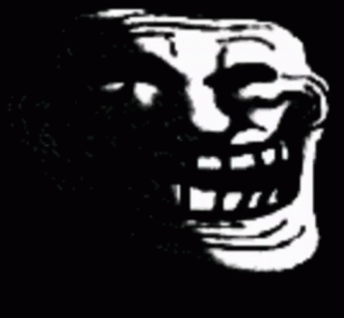 A Black And White Drawing Of A Troll Face With A Beard And Teeth . GIF