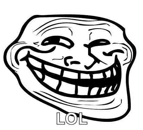 A Black And White Drawing Of A Troll Face With A Big Smile And The Word Lol Below It . GIF