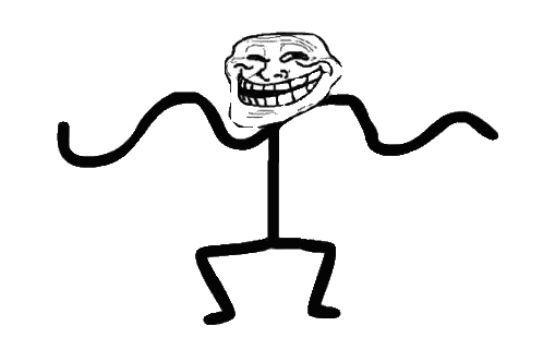 a black and white drawing of a troll face with arms and legs .