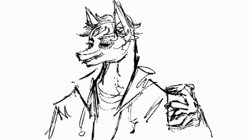 A Black And White Drawing Of A Wolf With Purple Writing That Says Huh ? GIF
