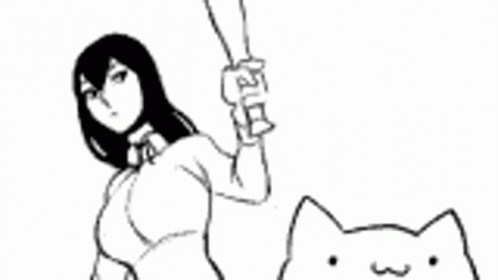 A Black And White Drawing Of A Woman Holding A Cat 'S Hand . GIF