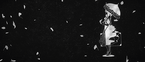 A Black And White Drawing Of A Woman Holding An Umbrella While Leaves Fall Around Her . GIF