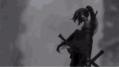 A Black And White Drawing Of A Woman Holding Two Swords In Her Hands . GIF