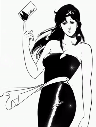 A Black And White Drawing Of A Woman In A Black Dress Holding A Piece Of Paper That Says ' Chicago ' On It GIF