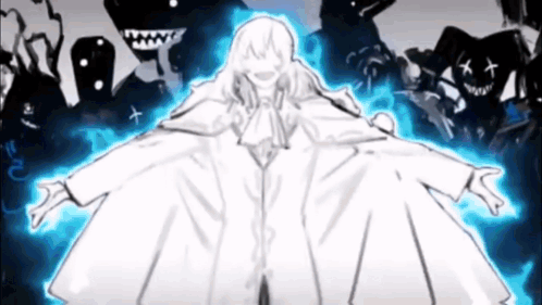Black And White Woman In White Cape Surrounded By Ghosts GIF