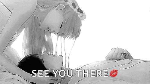 A Black And White Drawing Of A Woman Kissing A Man With The Words See You There Above Them GIF