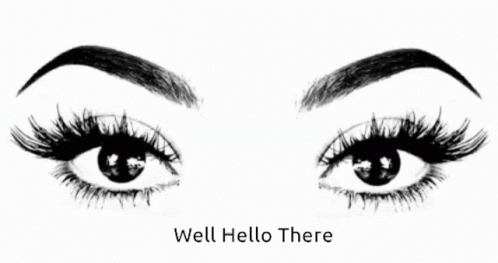 A Black And White Drawing Of A Woman 'S Eyes With The Words Well Hello There Underneath Them GIF