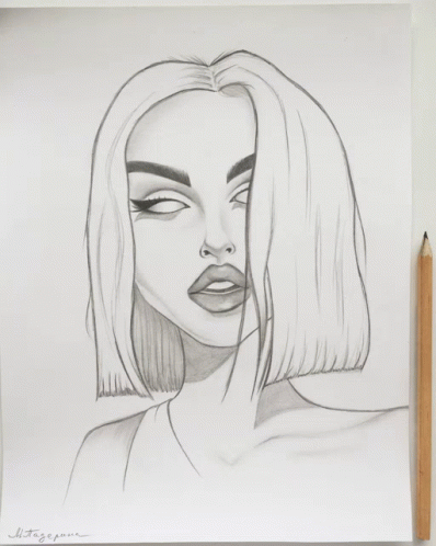 A Black And White Drawing Of A Woman 'S Face And Ear GIF
