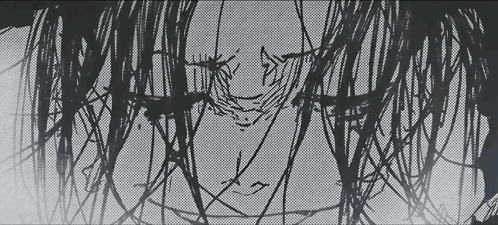 A Black And White Drawing Of A Woman 'S Face With Trees Behind Her GIF