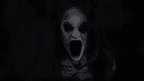 a black and white drawing of a woman screaming with her mouth open in the dark .