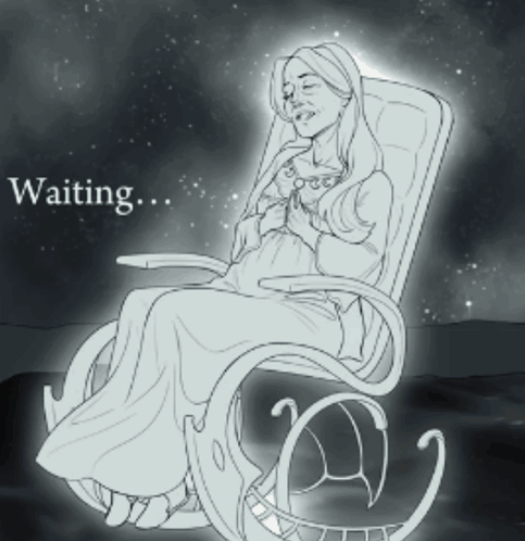A Black And White Drawing Of A Woman Sitting In A Rocking Chair With The Words " Waiting " Below Her GIF