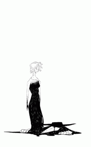 A Black And White Drawing Of A Woman Standing Next To A Man With A Long Beak . GIF