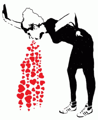 A Black And White Drawing Of A Woman Vomiting Hearts On A White Background GIF