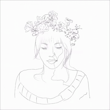 A Black And White Drawing Of A Woman Wearing A Flower Crown . GIF