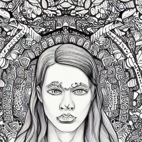a black and white drawing of a woman with a crown around her head