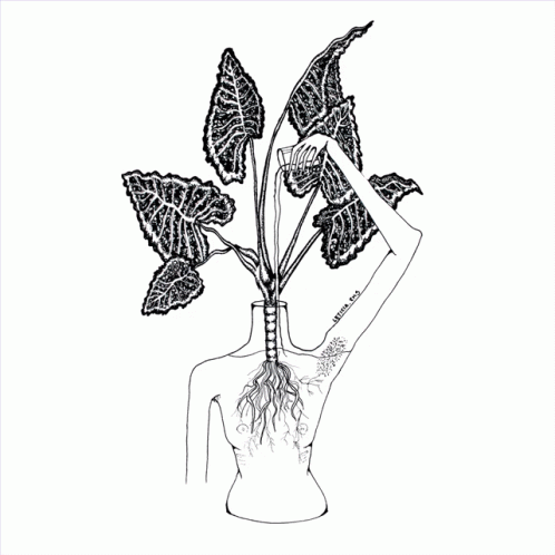 A Black And White Drawing Of A Woman With A Plant Growing Out Of Her Back And The Words " I Love You " On Her Arm GIF