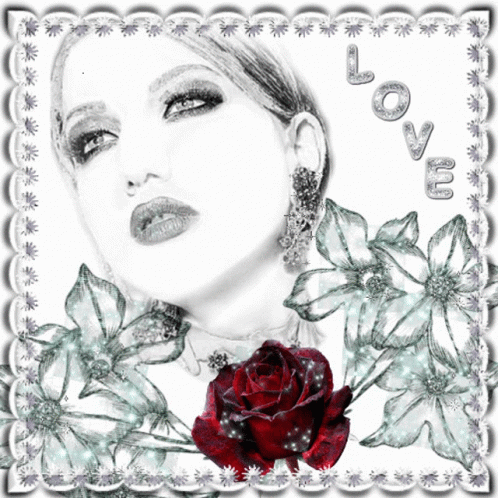 A Black And White Drawing Of A Woman With A Red Rose And The Word Love GIF